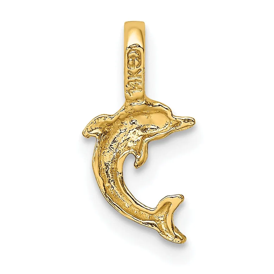 14k Yellow Gold Casted Solid Polished Finish Mini Jumping Dolphin with Fixed Bail Charm Pendant
