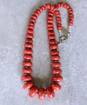 Apple Coral Rondelle Bead Graduated Necklace with Sterling Silver Discs, Rounds and Toggle Clasp