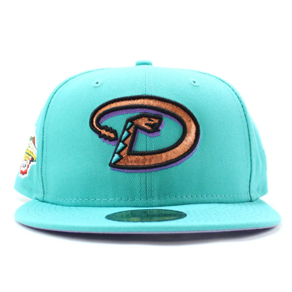 Arizona Diamondbacks 2001 World Series New Era 59Fifty Fitted Hat (Glow in the Dark Logo Teal Lavender Under Brim)