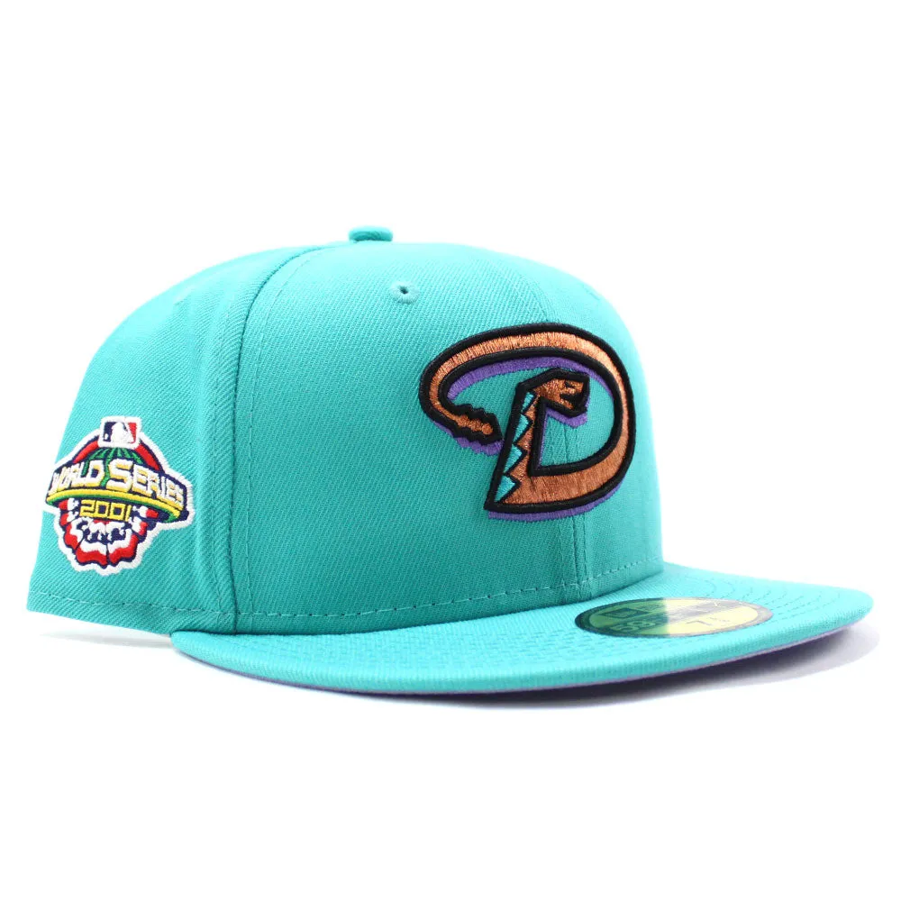 Arizona Diamondbacks 2001 World Series New Era 59Fifty Fitted Hat (Glow in the Dark Logo Teal Lavender Under Brim)