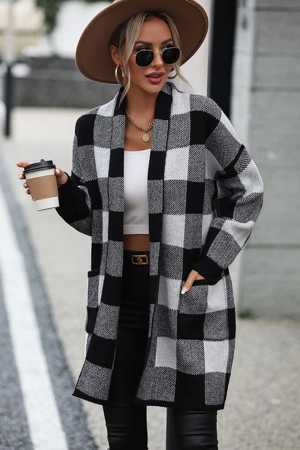 Checkered Cardigan with Pockets
