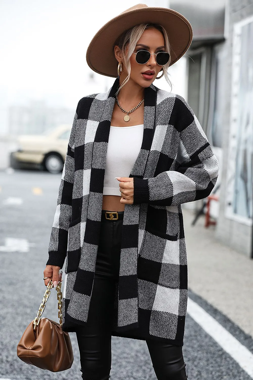 Checkered Cardigan with Pockets