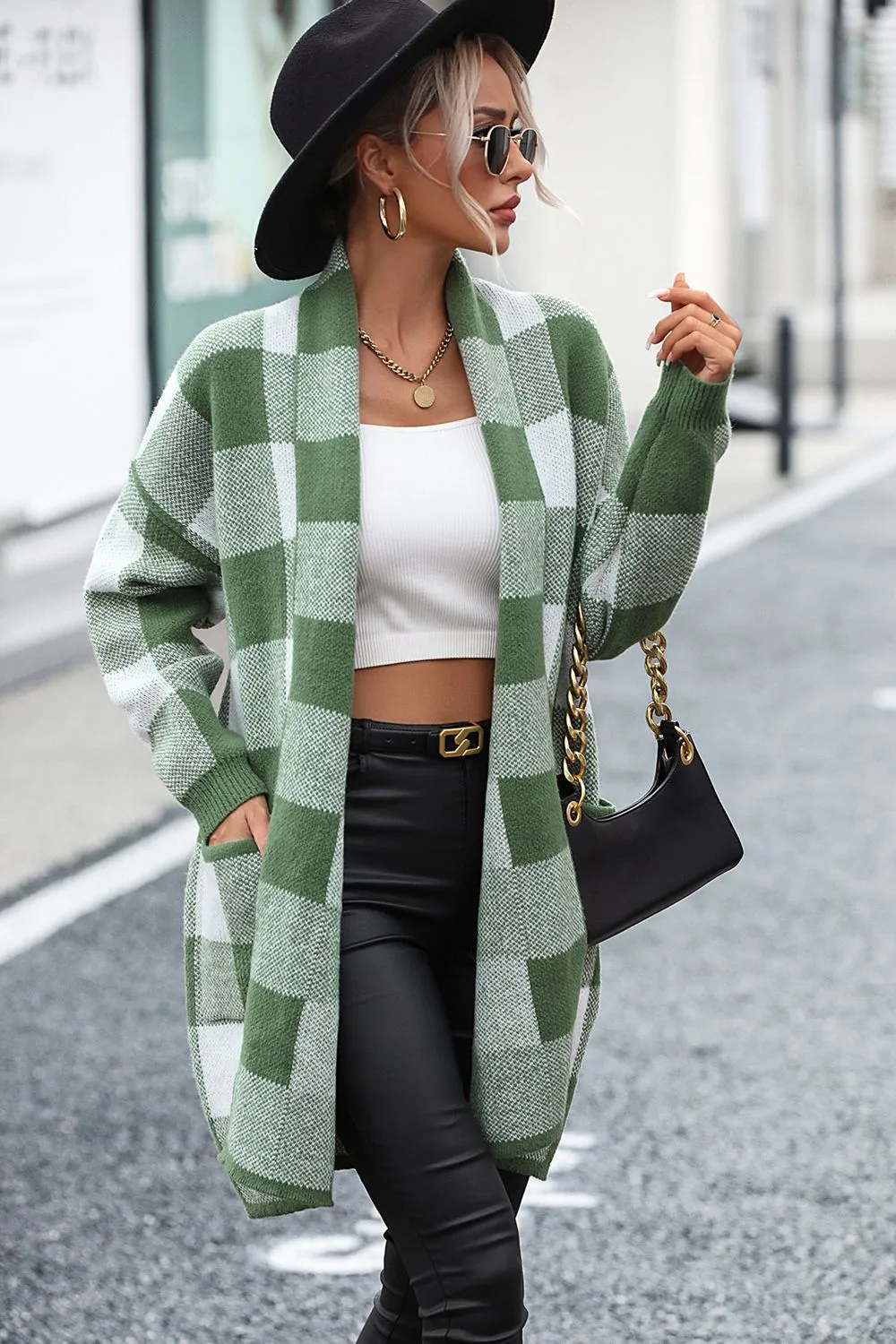 Checkered Cardigan with Pockets