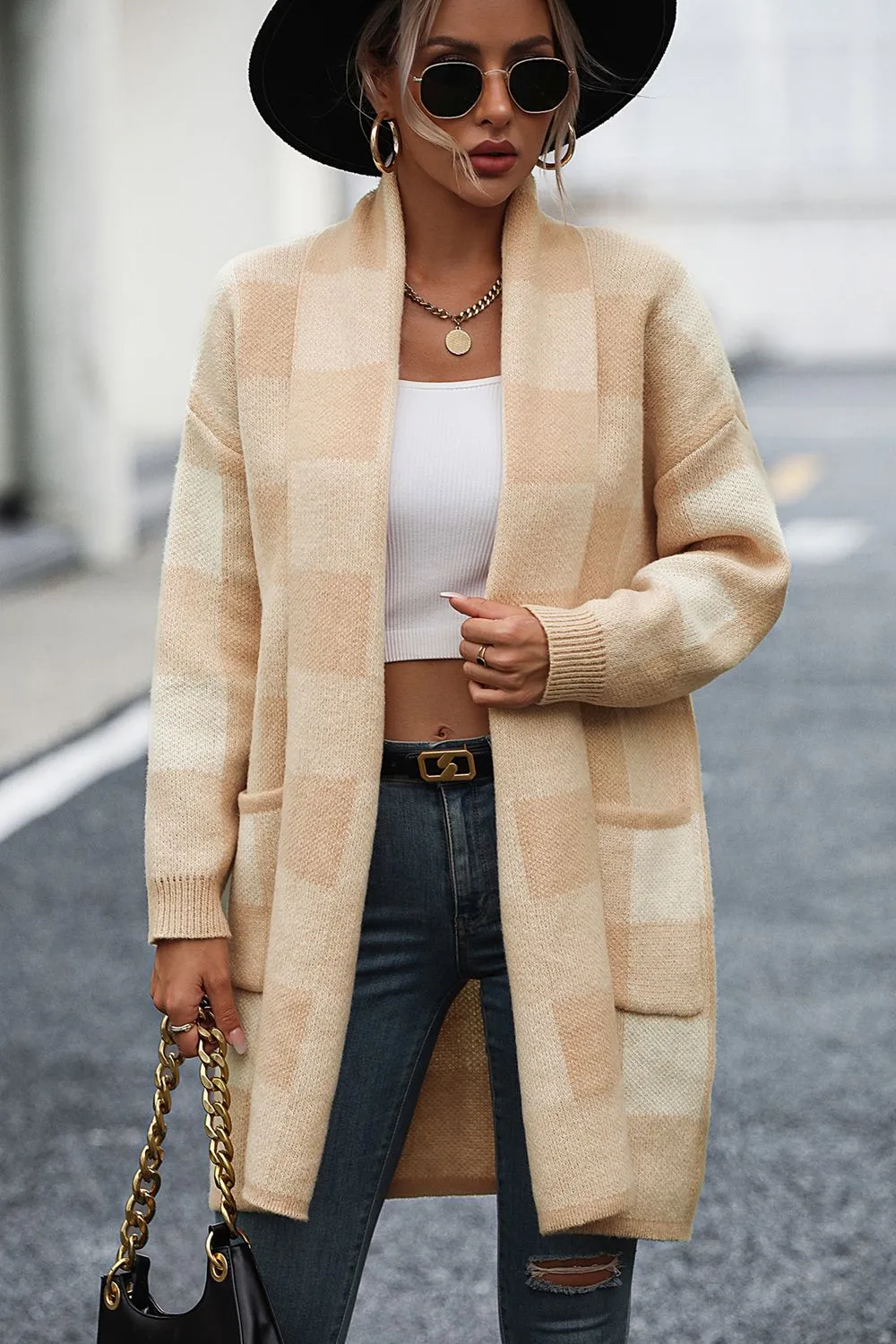 Checkered Cardigan with Pockets