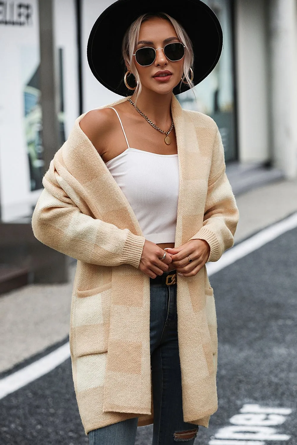 Checkered Cardigan with Pockets