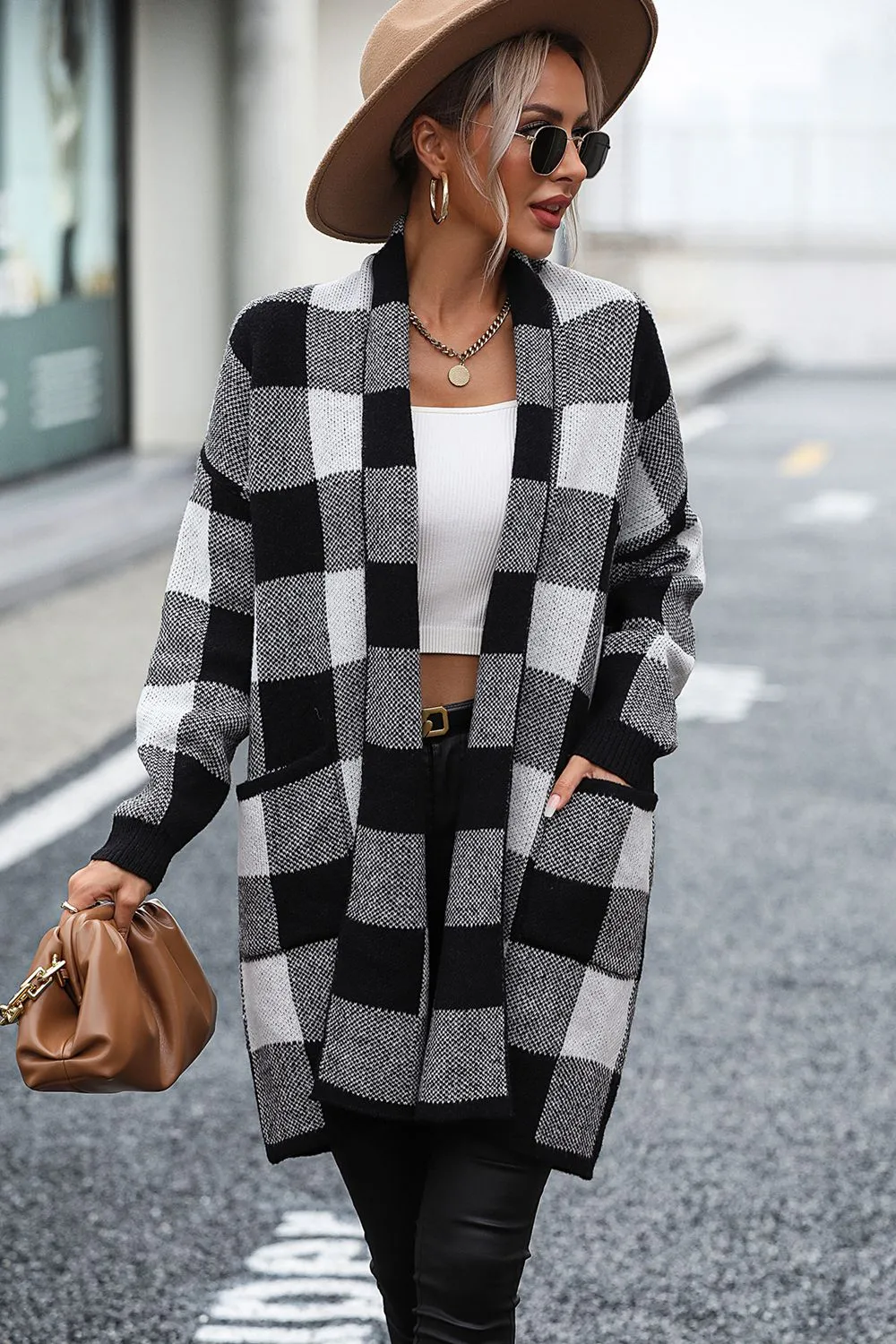 Checkered Cardigan with Pockets