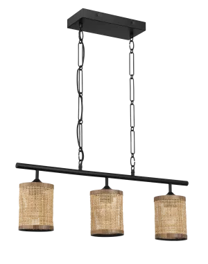 Elysian Three Lights Island With Natural Rattan Shade Farmhouse Chain Ceiling Lamp