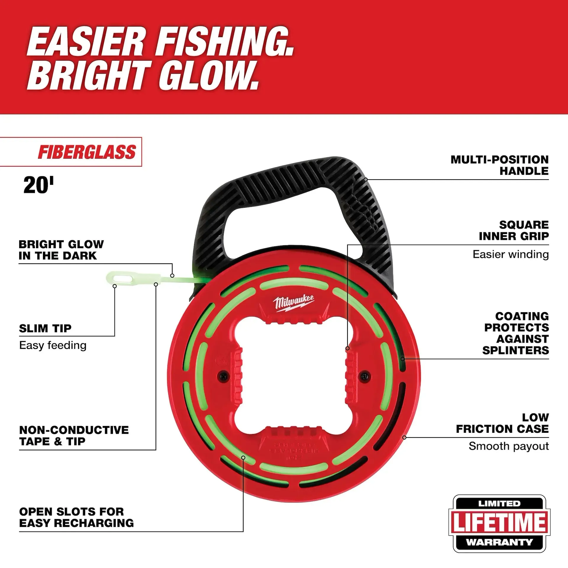 Fish Tape - Milwaukee 20' Glow Fish Tape, 48-22-4182