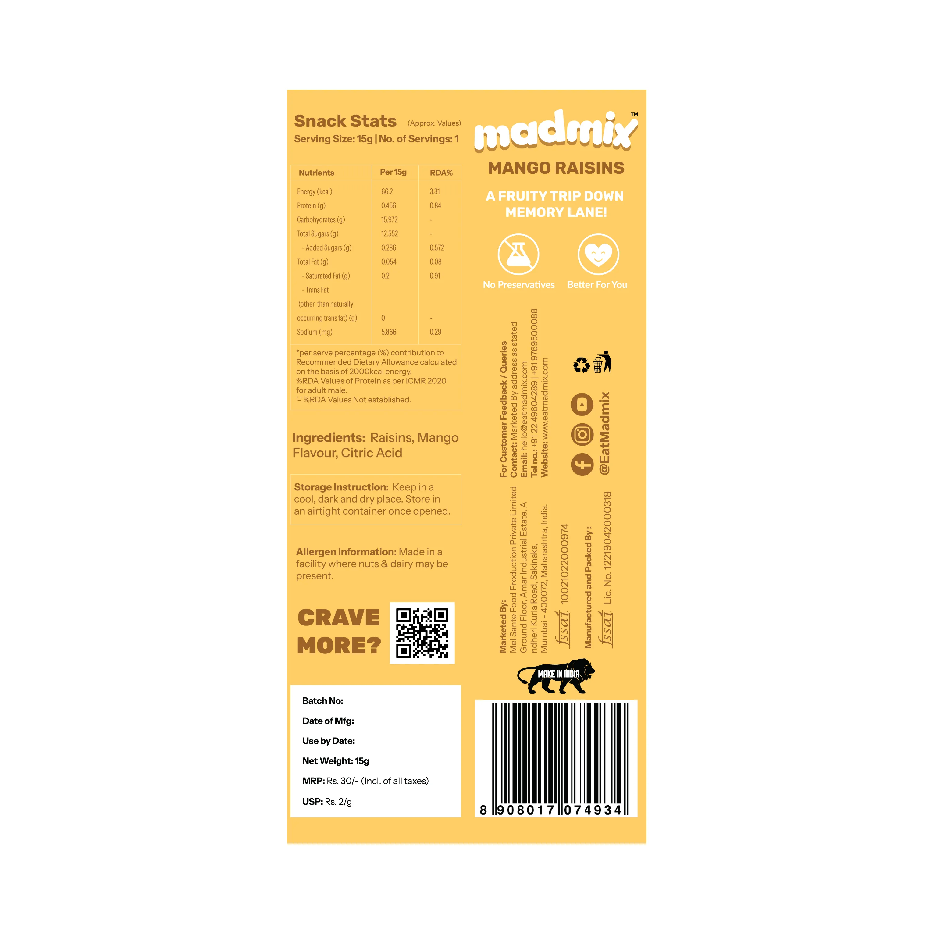 Madmix Raisins Mango Pack of 10 | 15 Grams Each