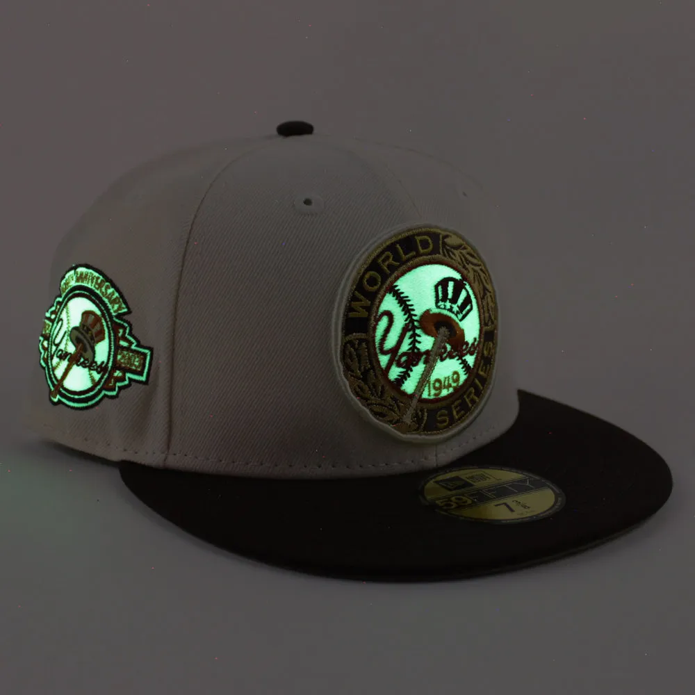 New York Yankees 1949 World Series 100TH ANNIVERSARY New Era 59Fifty Fitted Hat (Glow in the Dark CHROME WHITE BURNT WOOD POLY KHAKI Under Brim)