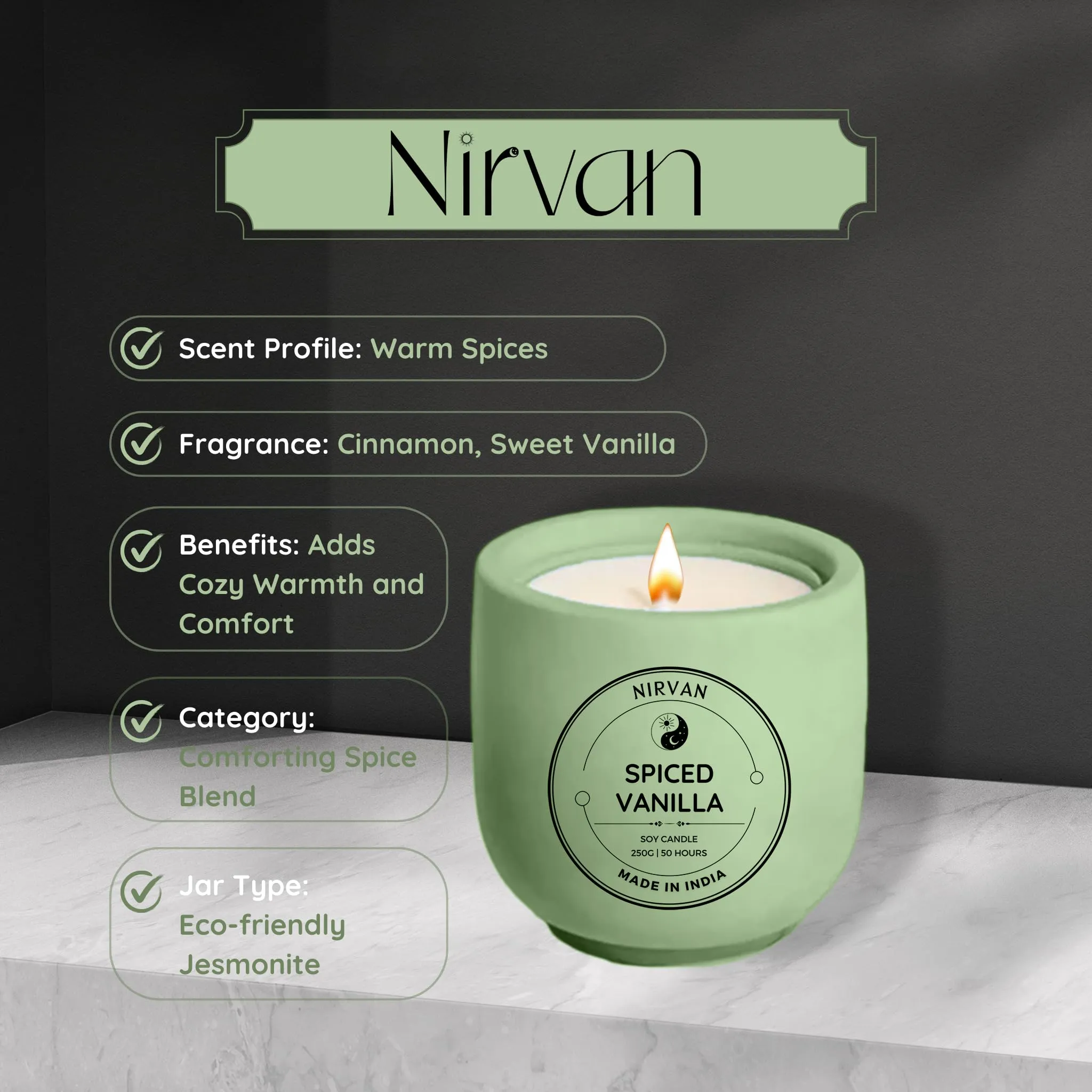 Nirvan Spiced Vanilla Scented Candle, Fragrance of Vanilla, Cinnamon & Anise, 250gm of Soy Wax, Up to 50 Hours, Eco-Friendly O.G. Aesthetic Jar