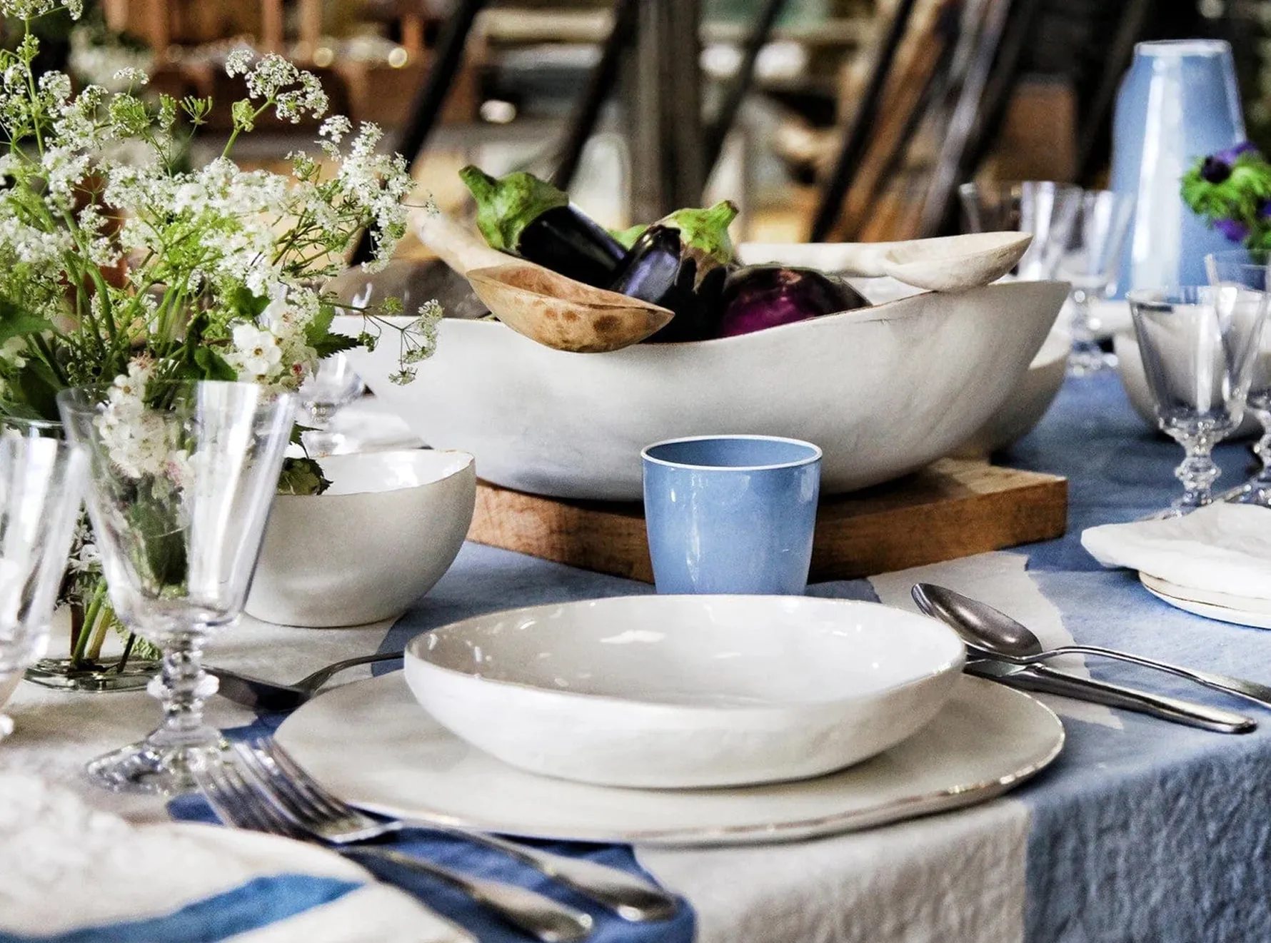 Ocean Word Linen Tablecloth in Waves of Blue
