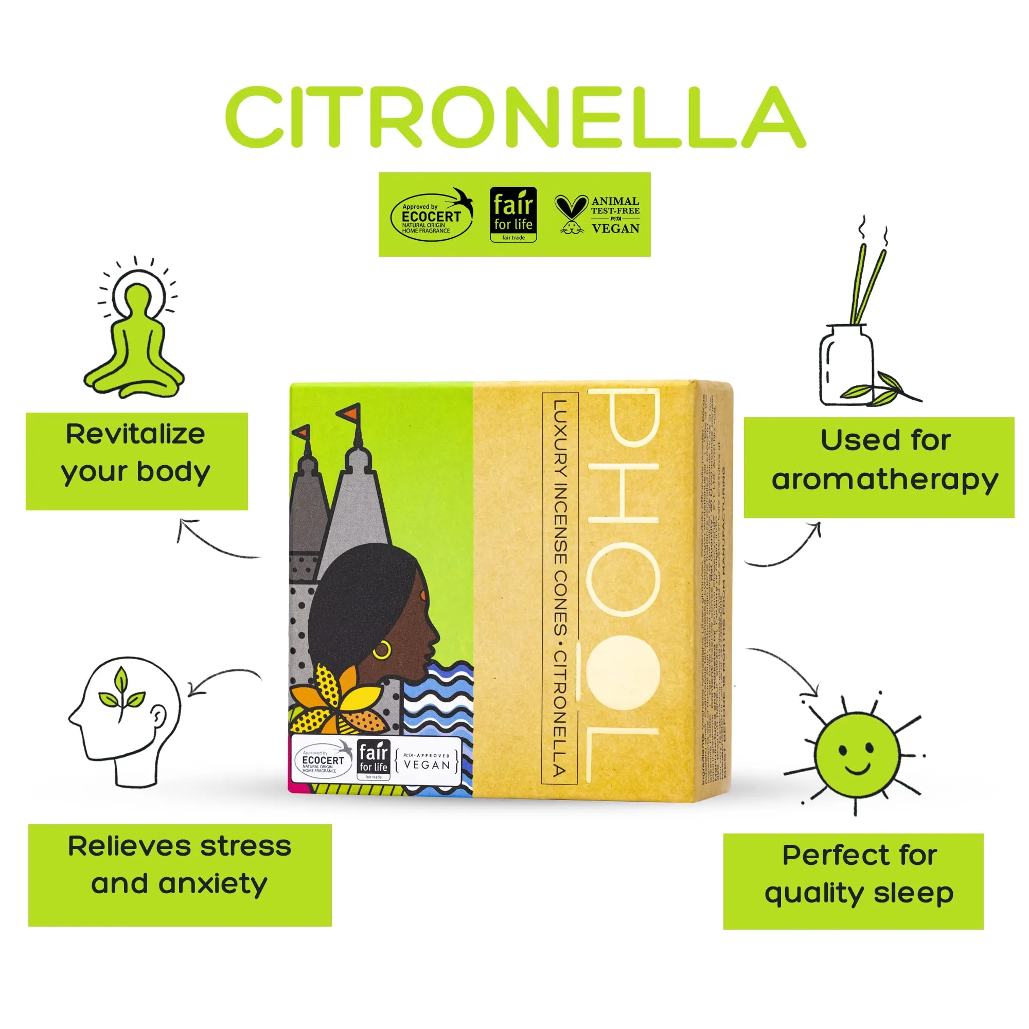 PHOOL LUXURY INCENSE Natural Incense Cones (Bundle Pack Of 4) I Citral Fragrances - Citronella, Eucalyptus, Lemongrass, Orange I 100% Organic Dhoop Cones | Natural Mosquito Repellents