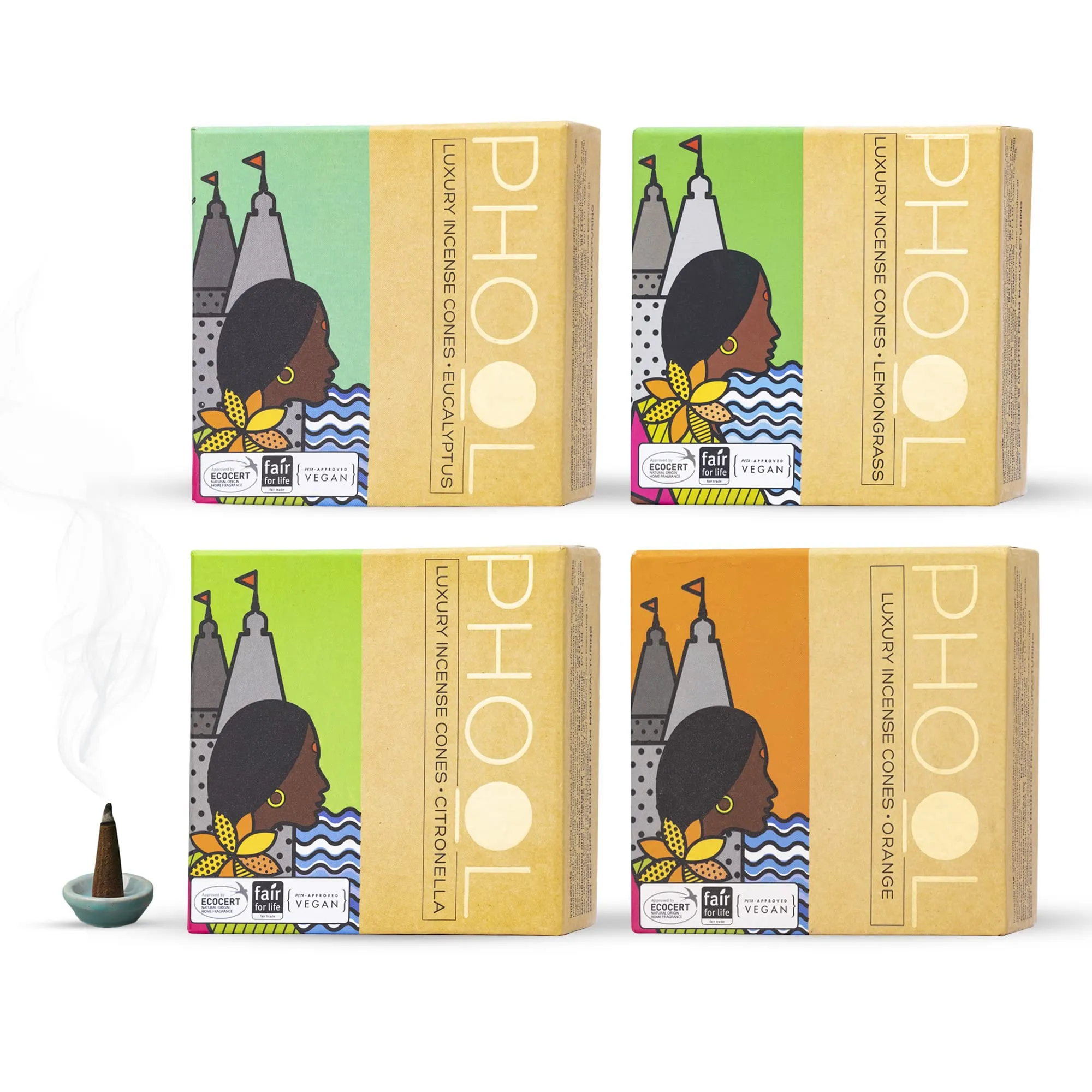 PHOOL LUXURY INCENSE Natural Incense Cones (Bundle Pack Of 4) I Citral Fragrances - Citronella, Eucalyptus, Lemongrass, Orange I 100% Organic Dhoop Cones | Natural Mosquito Repellents