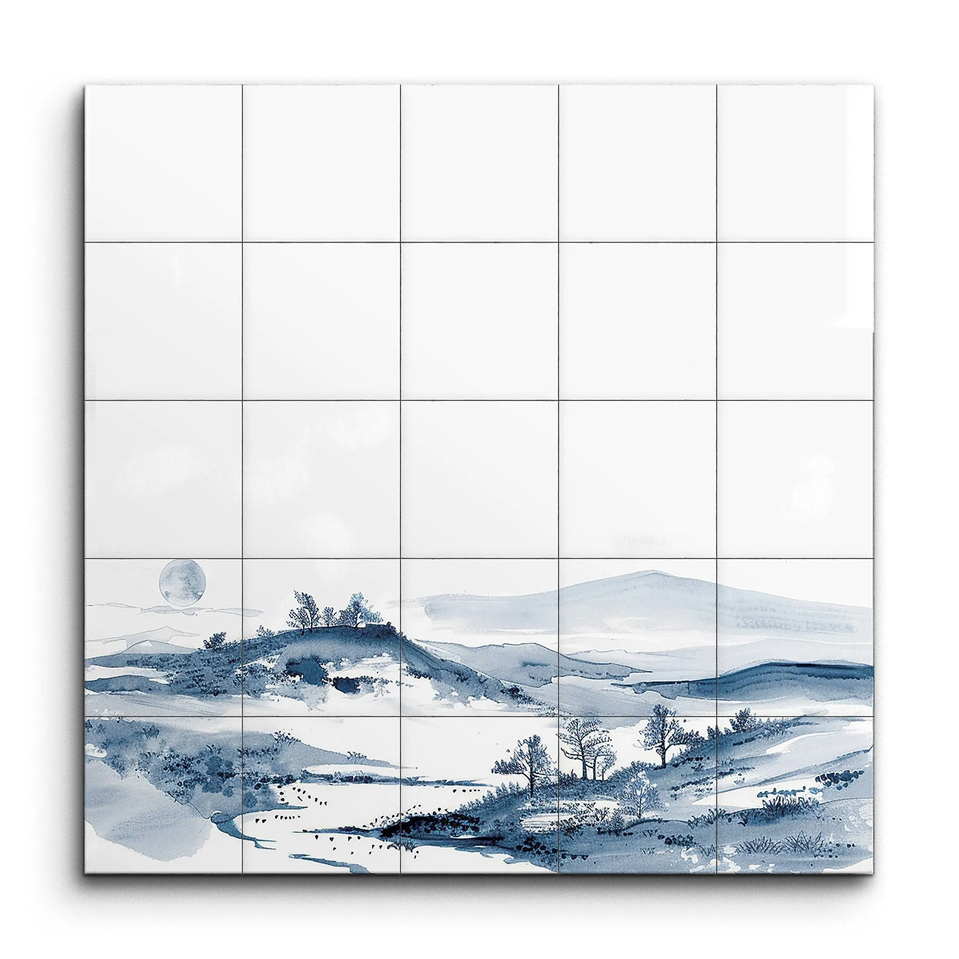 Serene Blue Landscape with Ethereal Moon