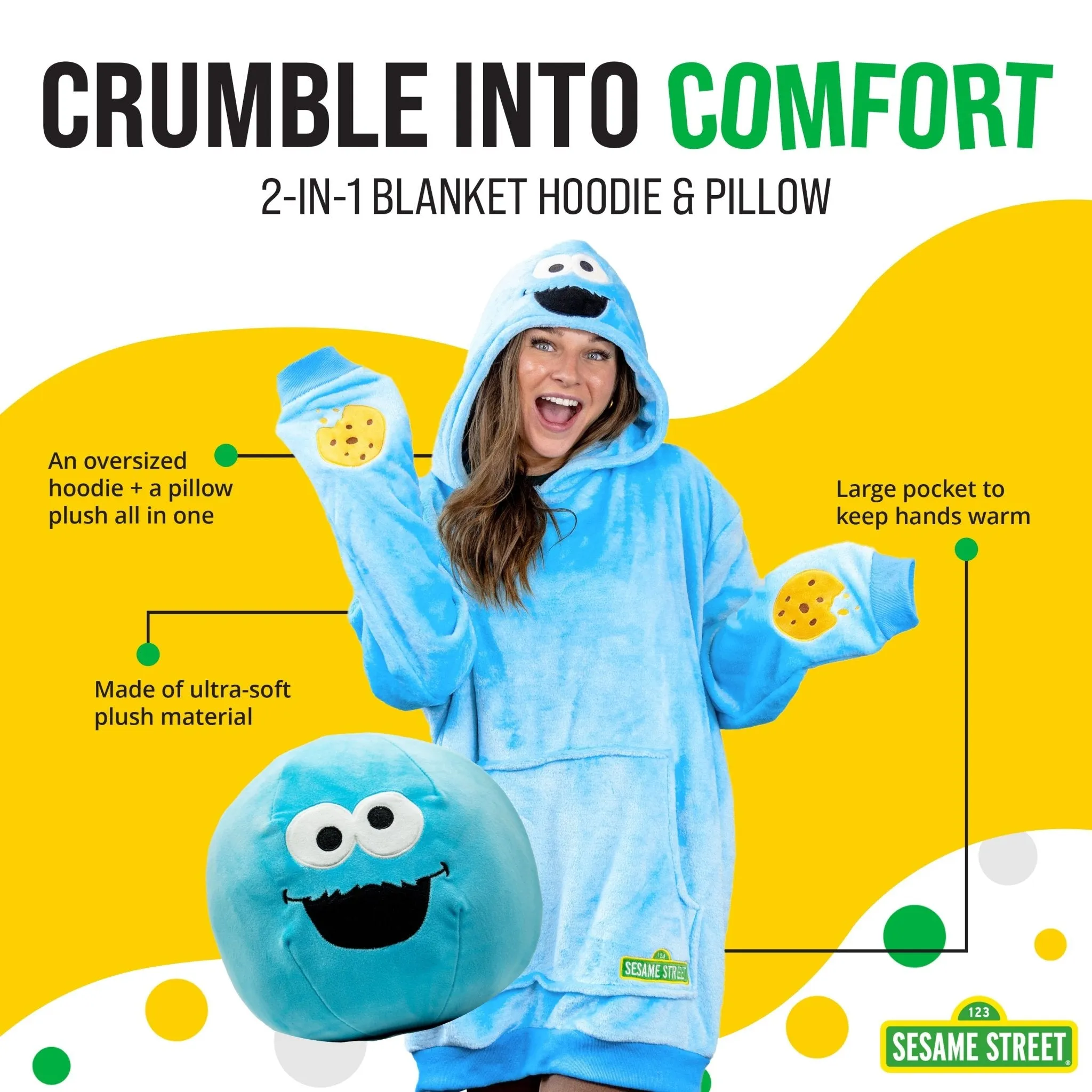 Sesame Street Cookie Monster Adult Snugible | Blanket Hoodie & Pillow