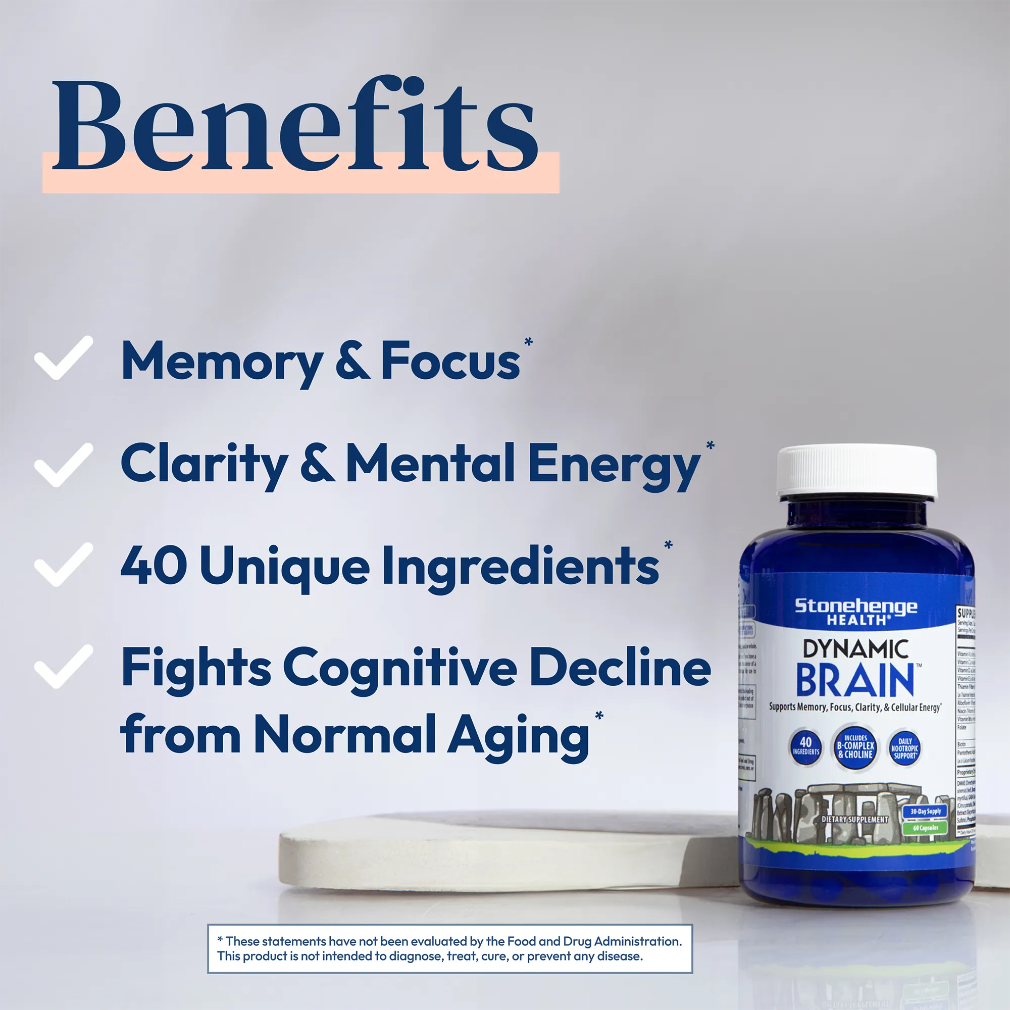 Stonehenge Health Dynamic Brain Nootropic Supplement For Enhanced Memory, Focus, & Learning, 60 Caps
