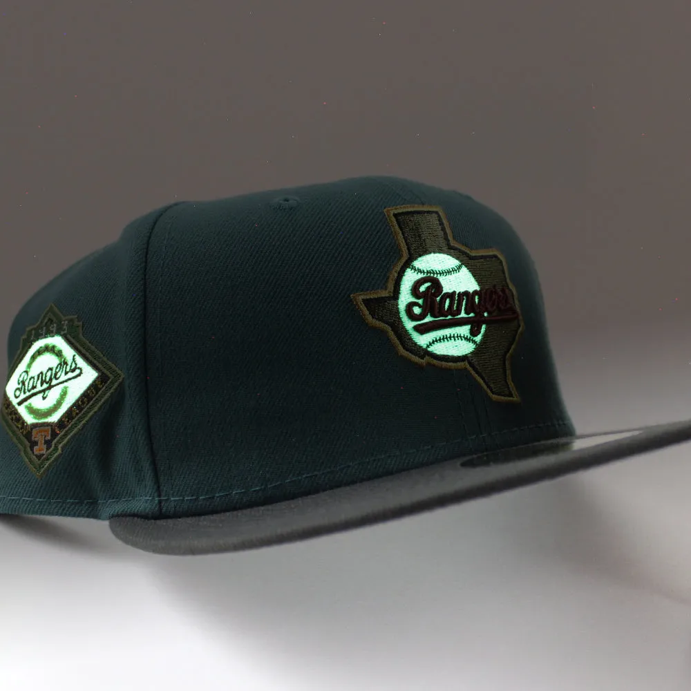 Texas Rangers 1993 American League New Era 59Fifty Fitted Hat (GITD PINE NEEDLE GREEN DARK PEWTER GRAY Under Brim)