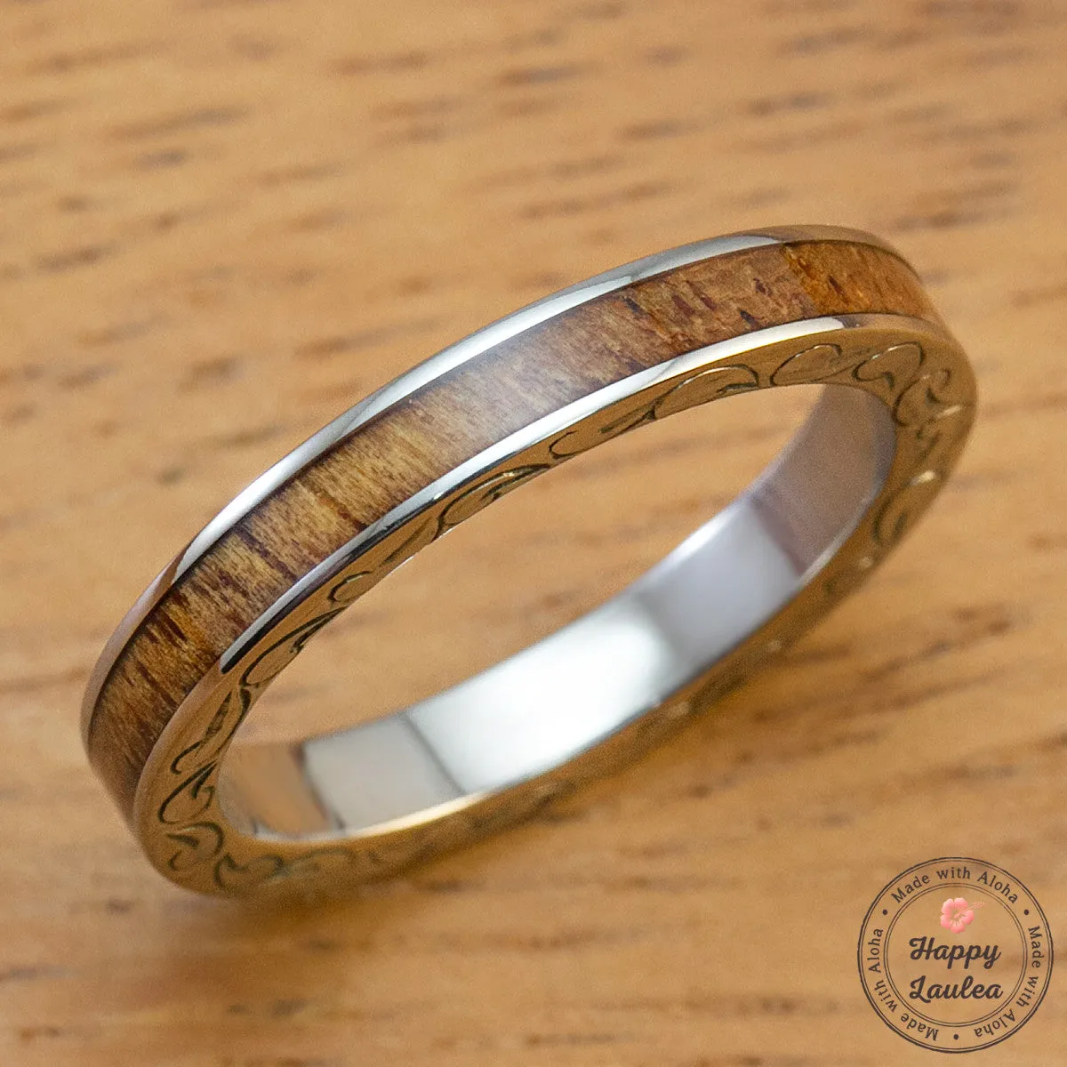 Titanium 3mm Hand Engraved Side Scroll Ring with Koa Wood Inlay, Standard Fitment, Flat Style