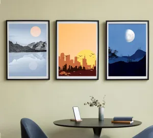 Urban Twilight: Trio of Modern Digital Landscape Art