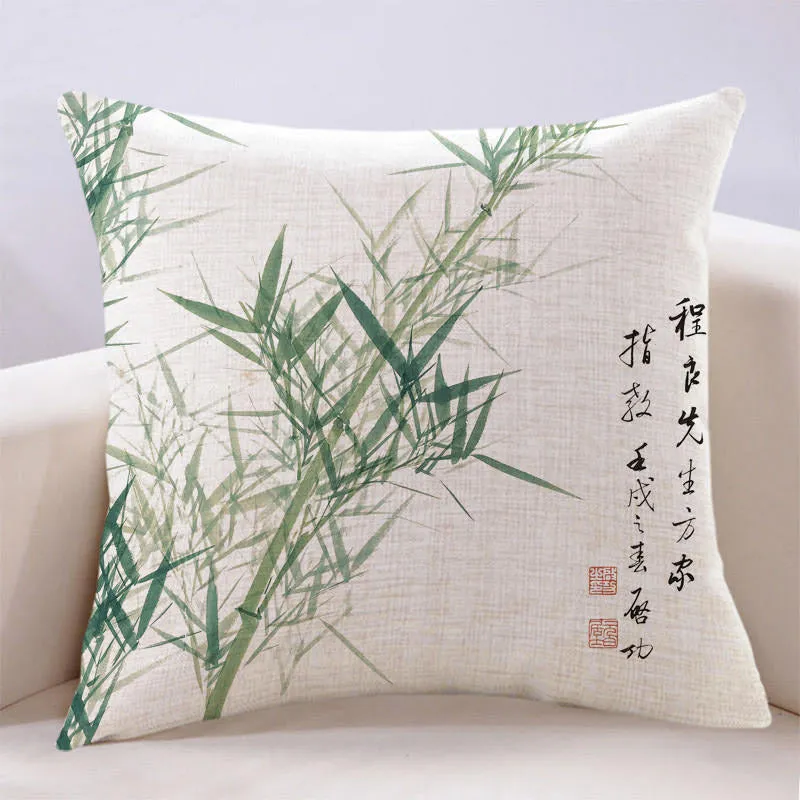 Vintage Chinese Style Ink Bamboo Leaf Landscape Painting Cotton and Linen Throw Pillow