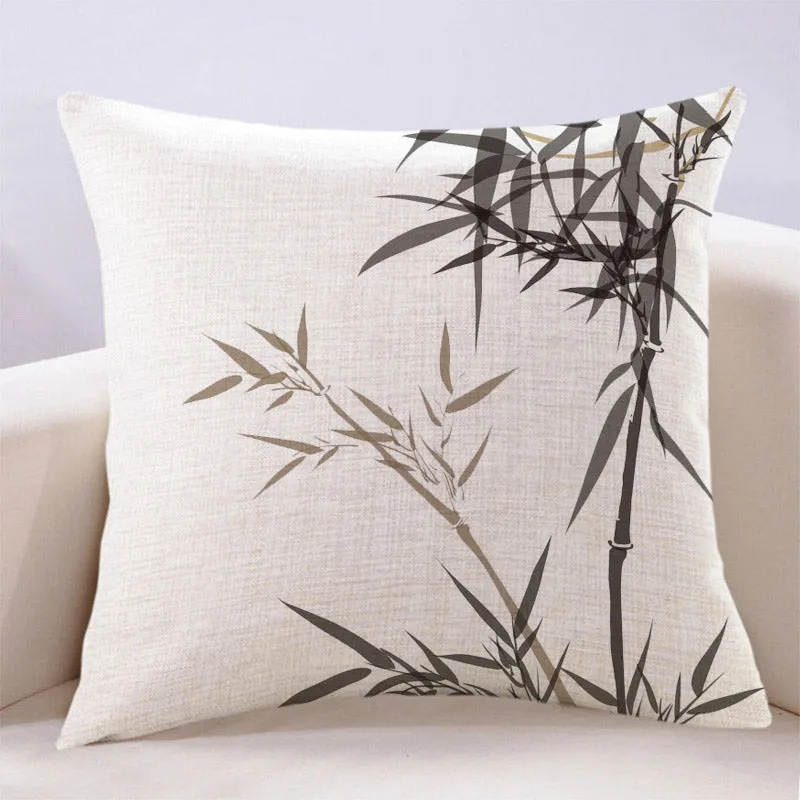 Vintage Chinese Style Ink Bamboo Leaf Landscape Painting Cotton and Linen Throw Pillow