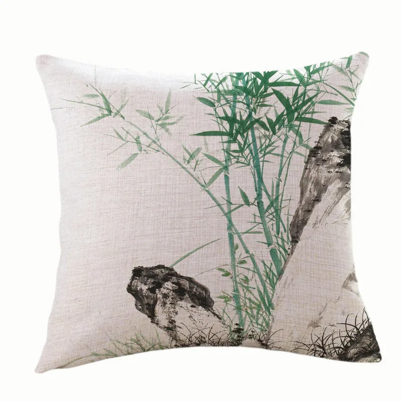 Vintage Chinese Style Ink Bamboo Leaf Landscape Painting Cotton and Linen Throw Pillow