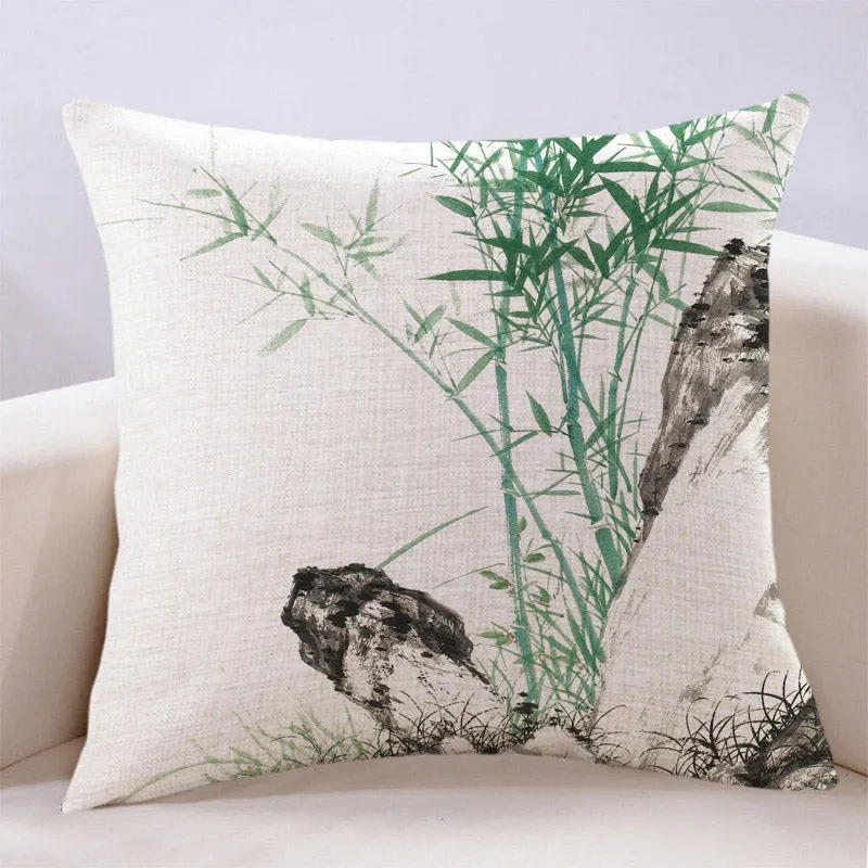 Vintage Chinese Style Ink Bamboo Leaf Landscape Painting Cotton and Linen Throw Pillow
