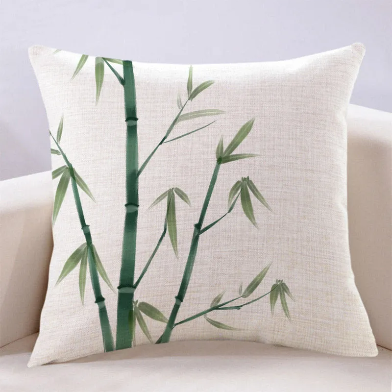 Vintage Chinese Style Ink Bamboo Leaf Landscape Painting Cotton and Linen Throw Pillow